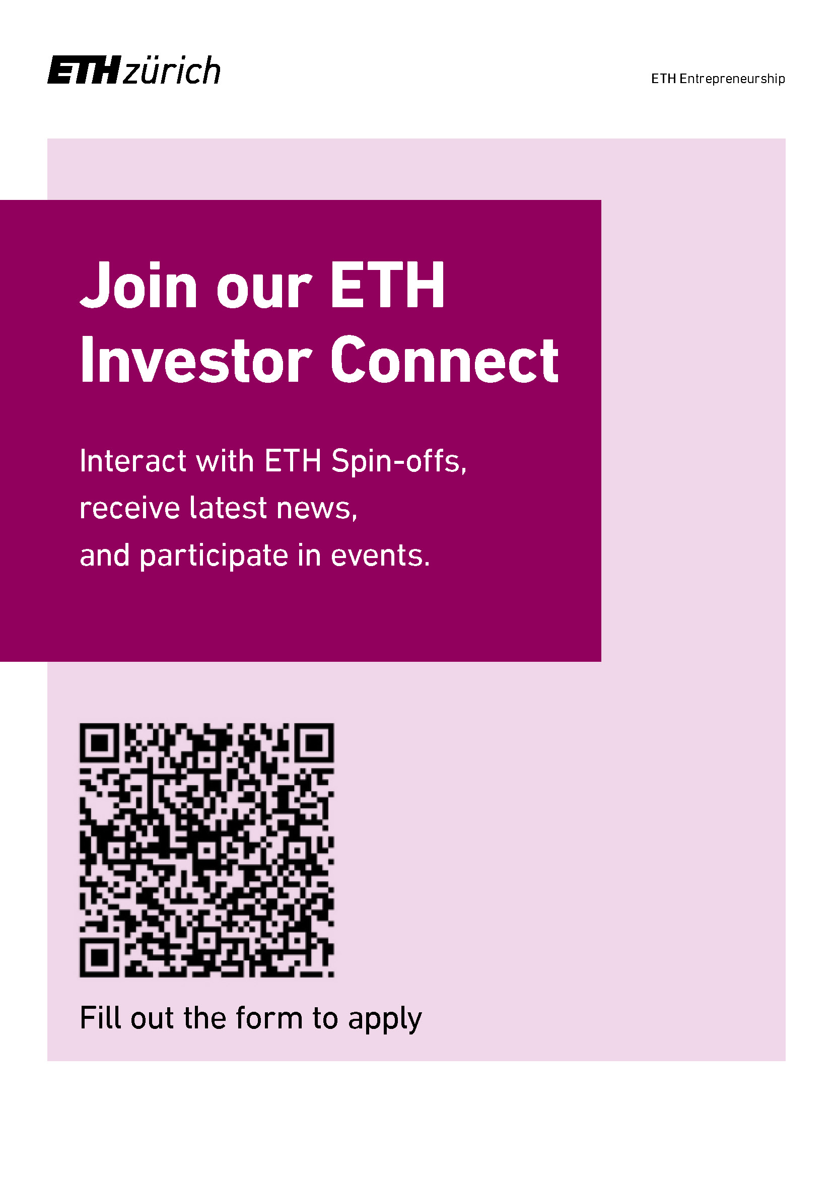 Investor Connect Flyer that says: Join our ETH Investor connect with a QR code to scan to get to a survey to apply
