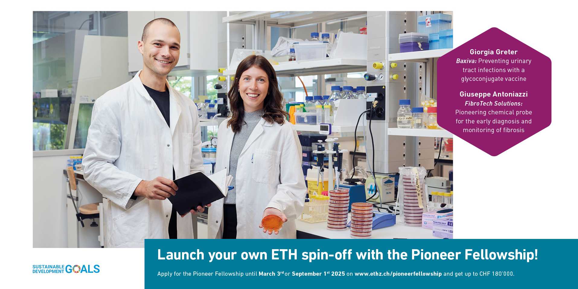 Enlarged view: A young men Giuseppe Antoniazzi and a young women Giorgia Greter presenting their startups FibroTech Solutions and Baxiva, they are promoting the the Pioneer Fellowship to other young people  with the title in the  posterimage: Launch your own ETH spin-off with the Pioneer Fellowship!